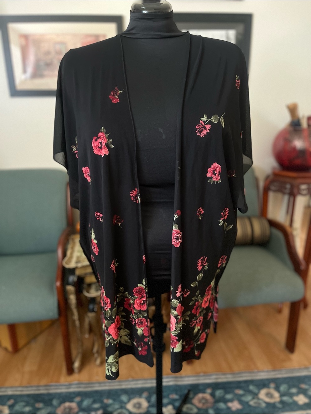 Black Floral Open-Front Kimono Cape with Red Rose Detail